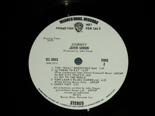 画像: JOHN SIMON - JOURNEY ( Matrix # BS 2663-A-40310-1C// BS 2663-B-40311-1F)( Ex+/MINT- : Tape Seam) / 1972  US AMERICA ORIGINAL "WHITE LABEL PROMO" Used LP 