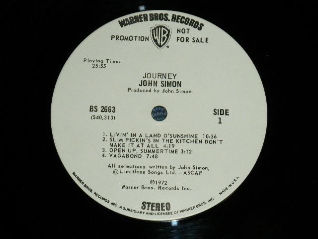 画像: JOHN SIMON - JOURNEY ( Matrix # BS 2663-A-40310-1C// BS 2663-B-40311-1F)( Ex+/MINT- : Tape Seam) / 1972  US AMERICA ORIGINAL "WHITE LABEL PROMO" Used LP 