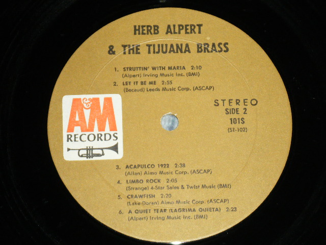 画像: HERB ALPERT & The TIJUANA BRASS -THE LONELY BLULL : Debut Album  ( Matrix # : SP-101-1C △8057 / SP-102-1D △8057-x) ( Ex++/Ex+++ )  / 1963  US AMERICA Original  "BROWN Label" "STEREO" Used  LP 