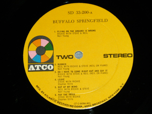 画像: BUFFALO SPRINGFIELD -  BUFFALO SPRINGFIELD  ( Matrix # A) A) ST-C-66983-AA △10277 /B) ST-C-66984-BM-RE △10277-x ) ( Ex++/Ex+++)  / 1967 US AMERICA ORIGINAL 1969 Version "YELLOW with '1841 BROADWAY Label" STEREO  Used LP 