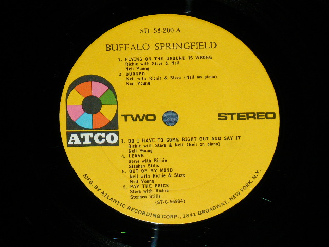 画像: BUFFALO SPRINGFIELD -  BUFFALO SPRINGFIELD  ( Matrix # A) A) ST-C-66983-2A CL/B) ST-C-66984-2B CL  ) ( VG++/Ex+++ Looks:Ex+ : TAPE SEAM,WOFC,WOBC)  / 1967 US AMERICA ORIGINAL 1969 Version "YELLOW with '1841 BROADWAY Label" STEREO  Used LP 