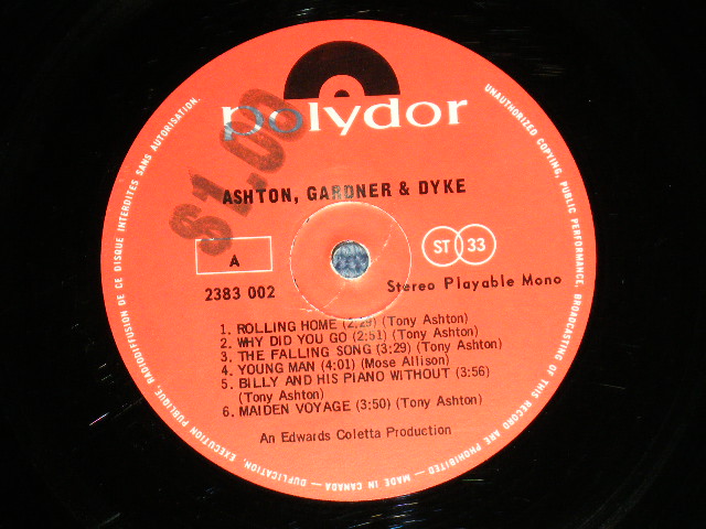 画像: ASHTON GARDNER and DYKE -  ASHTON GARDNER and DYKE  ( Ex+/Ex++ : B-2:Ex- Scratche )  / 1969 CANADA  ORIGINAL Used LP 