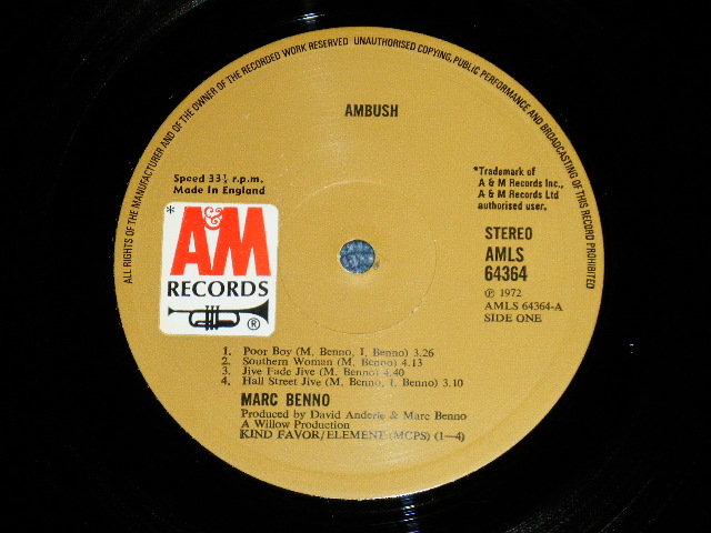 画像: MARC BENNO  - AMBUSH ( Matrix # A-1 ◇X/ B-1 ◇X)  ( Ex+++/MINT-) / 1972 UK ENGLAND  ORIGINAL "BROWN Label" Used LP