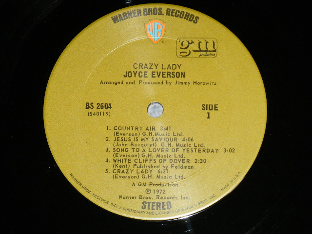画像: JOYCE EVERSON  - CRAZY LADY ( Ex/MINT- )  / 1972 US AMERICA ORIGINAL "PROMO SHEET" "GREEN with 'WB' Logo on TOP Label " Used LP 