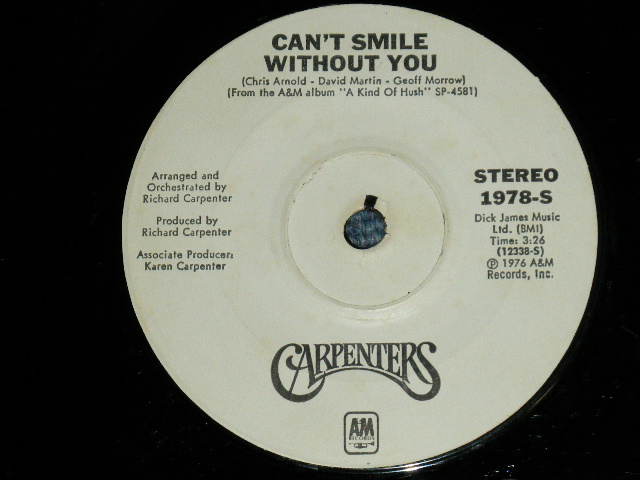 画像: CARPENTERS - CALLING OCCUPANTS OF INTERPLANETARY CRAFT : CAN'T SMILE WITHOUT YOU  ( Ex/Ex) / 1977 US AMERICA ORIGINAL "WHITE LABEL PROMO" Used 7" Single 