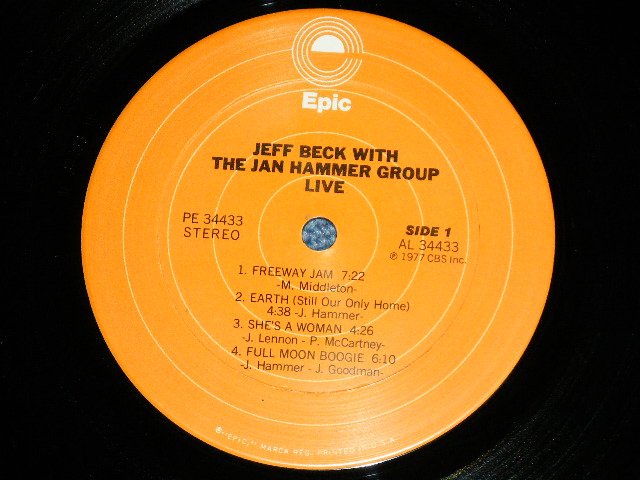画像: JEFF BECK with JAN HAMMER GROUP -  LIVE  (Matrix #  A) AL-34433-1H    B) BL-34433-1A)  (Ex+++/Ex+++)  / 1977 US AMERICA ORIGINAL 1st Press "ORANGE Label" Used LP 