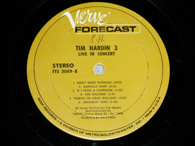 画像: TIM HARDIN - 3/LIVE IN CONCERT (MATRIX NUMBER   A)  FT/FTS-3049 S-1 MGS-1548  W.C./ B)   FT/FTS-3049 S -2  MGS-1549 W.C.)  ( VG+++/Ex+++ Looks:Ex++ : WOL) / 1968 US AMERICA ORIGINAL 1st Press Label   STEREO Used LP 