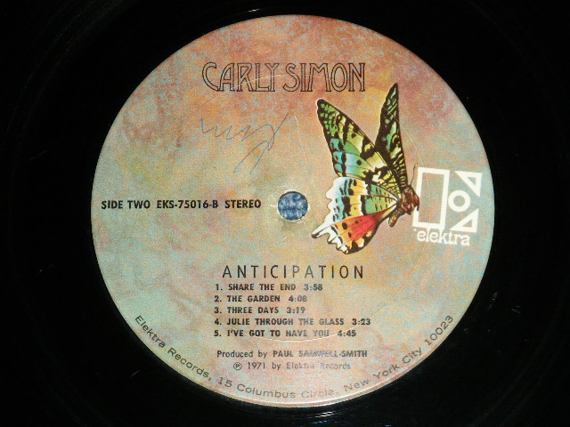 画像: CARLY SIMON - ANTICIPATION ( Matrix #   A)EKS 75016-A  CSM  PGSS STERLING LH    B)EKS 75016 B  CSM  PGSS STERLING LH   ) (Ex+/Ex+++ Looks:Ex++ ,WOBC,WOL) / 1971 US AMERICA ORIGINAL "BUTTERFLY Label" Used  LP