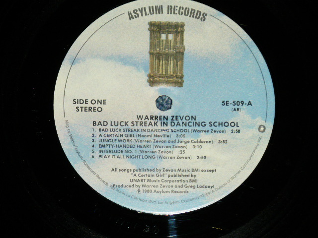 画像: WARREN ZEVON - BAD LUCK STREAK IN DANCING SCHOOL (Matrix #   A) 5E-509 A-5 SLM △24663x(4)  B) 5E-509 B-5 SLM △24663x(1)  ) ( MINT-/MINT-)  / 1980 US AMERICA ORIGINAL Used LP 