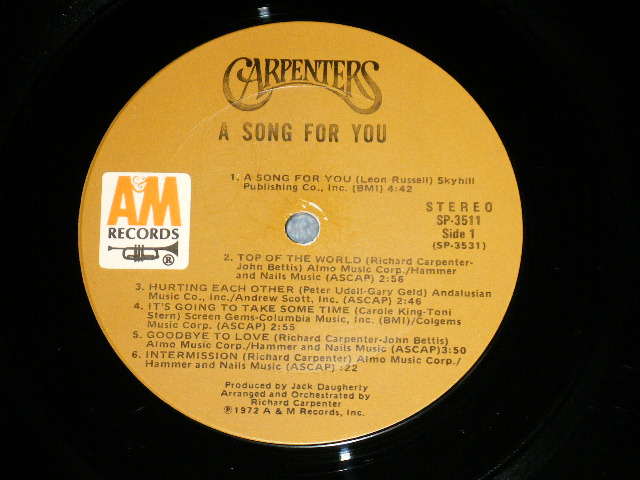 画像: CARPENTERS - A SONG FOR YOU ( Matrix No. A) SP-3531-T5      B)SP-3532-T2 )(Ex++/Ex++ Looks: Ex+) With ORIGINAL INNER SLEEVE  /  1972 US AMERICA "Large TITLE Logo" "BROWN LABEL"  Used  LP 