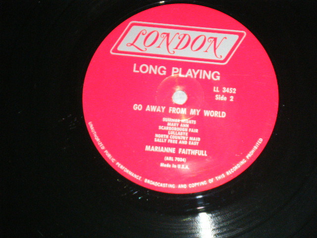 画像: MARIANNE FAITHFULL - GO AWAY FROM MY WORLD ( Matrix # A)ARL 7033-1 N B)ARL 7034-1 N ) (Ex++,Ex/Ex+++ )  / 1965 US AMERICA  ORIGINAL "RED Label with Boxed LONDON " MONO Used LP 