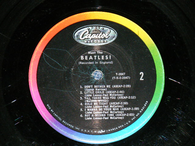 画像: The BEATLES - MEET THE BEATLES  ( Matrix #    A) T-1-2047-G8    B) T-2-2047-G8  )  ( Ex+/Poor :WARP  ) / 1964 US AMERICA  1st Press "BLACK with RAINBOW Color Band Label"  "BEATLES Logo on OLIVE GREEN Front Cover" MONO Used LP  