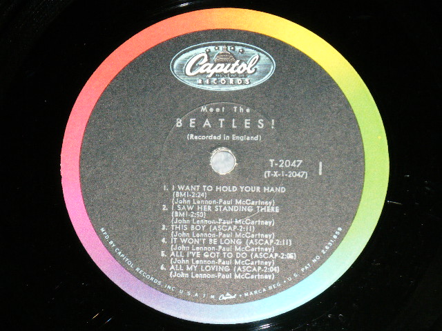 画像: The BEATLES - MEET THE BEATLES  ( Matrix #    A) T-1-2047-P1#2    B) T-2-2047-P22 )  ( Ex/Ex++ Looks:Ex++ ) / 1964 US AMERICA  1st Press "BLACK with RAINBOW Color Band Label"  "BEATLES Logo on TAN To BROWN  Front Cover" MONO Used LP   