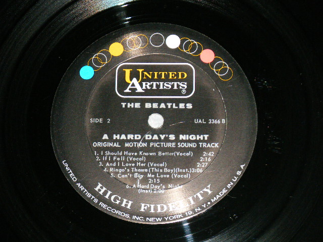 画像: THE BEATLES - A HARD DAYS NIGHT (Sound Track) ( Matrix #A)UAL 3366A-1AH   B)UAL 3366B-1AK) (Ex++/Ex+++ Looks:Ex+++) / 1964 US AMERICA ORIGINAL 1st Press "BLACK with 'UNITED'in GOLD,'ARTISTS' in WHITE Label" MONO Used LP
