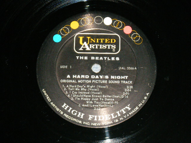 画像: THE BEATLES - A HARD DAYS NIGHT ( Sound Track ) ( Matrix #A) UAL 3366-1J   B) UAL 3366-1B-1BB ) ( VG+++/Ex++)  / 1964 US AMERICA ORIGINAL 1st Press "BLACK with 'UNITED'in GOLD,'ARTISTS' in WHITE Label" MONO Used  LP