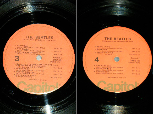 画像:  BEATLES  - THE BEATLES ( WHITE ALBUM ) ( Matrix #     A) SWBO-1- 101-F85   B) SWBO-2- 101-G-82  A-60830   C) SWBO-3- 101-J-85  D) SWBO-2- 101-G-82     MASTERED BY CAPITOL )  (NO Insetrs )    )  ( Ex+/Ex+++ )  / 1976 Version US AMERICA "ORANGE Label" Used 2-LP 