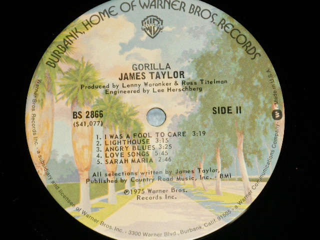 画像: JAMES TAYLOR - GORILLA ( MATRIX #A)S| BS-1-2866   41076-1B  AZ2 B)S| BS-2-2866  41077-1B) "SANTA MARIA Press" (MINT-/Ex+++ Looks:Ex) / 1975 US AMERICA ORIGINAL uSED LP 