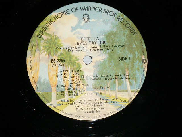 画像: JAMES TAYLOR - GORILLA ( MATRIX #   A) BS-1-2866   41076-1 XX   B) BS-2-2866  41077-1 ) ( Ex++/MINT-) / 1975 US AMERICA ORIGINAL  uSED  LP 