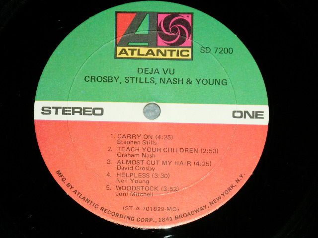 画像: CSN&Y  / CROSBY, STILLS, NASH & YOUNG  - DEJA VU  ( Matrix # A) ST-A-701829-CC MO △14568  /  B) ST-A-701830-CC MO △14568-x) ( Ex+++/Ex+++ Looks:Ex+)  / 1970 US AMERICA ORIGINAL 1st Press "RED & GREEN Label" "1841 BROADWAY Label"  "PASTED-ON FRONT COVER PHOTO"  "TEXTURED COVER"  Used LP 