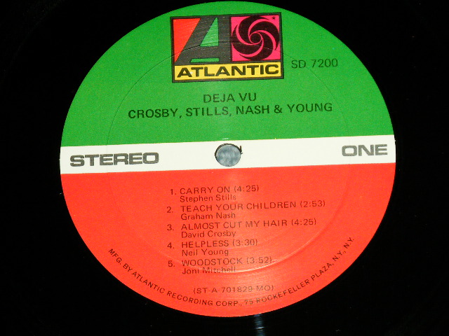 画像: CSN&Y  / CROSBY, STILLS, NASH & YOUNG  - DEJA VU  ( Matrix # A) ST-A-701829-CC MO △14568  /  B) ST-A-701830-CC MO △14568-x) ( MINT-/MINT- )  / 1974 Version US AMERICA 1st Press "RED & GREEN Label" 2nd Version Large "75 ROCKFELLER Label"  "PASTED-ON FRONT COVER PHOTO"  "TEXTURED COVER"  Used LP 