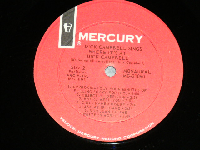 画像: DICK CAMPBELL - SINGS WHERE IT'S AT  : With MIKE BLOOMFIED, PAUL BUTTERFIELD, ...(Ex,  Ex++/Ex+++  BB, WOFC, )  / 1965 US AMERICA  ORIGINAL"RED LABEL# MONO Used  LP 