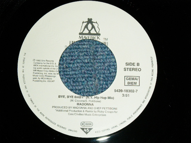 画像: MADONNA -  BYE BYE BABY (ALBUM VERSION : N.Y. HIP HOP Mix ) ( MINT-/MINT-)  / 1993  GERMAN ORIGINAL Used 7" Single with PICTURE SLEEVE  