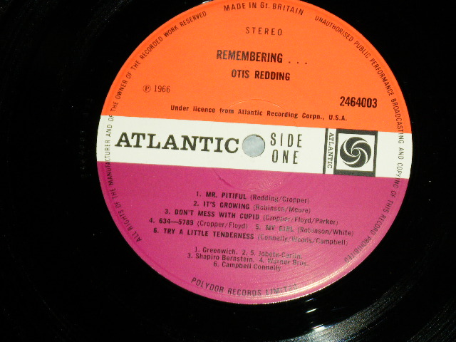 画像: OTIS REDDING -  REMEMBERING ( Matrix #  A) A//1 / B) B//1)  ( Ex++/Ex+++ Looks:MINT-)  / 1970 UK ENGLAND ORIGINAL Used LP 