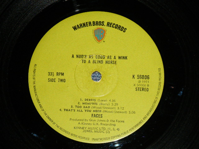 画像: FACES - A NOD IS AS GOOD AS WINK ...TO A BLIND HORSE ( Matrix # A1/B1 )  (Ex++/MINT- B-3:Ex++) / 1971 UK ENGLAND ORIGINAL1st Press "GREEN with WB Logo on Top" Label  Used LP 