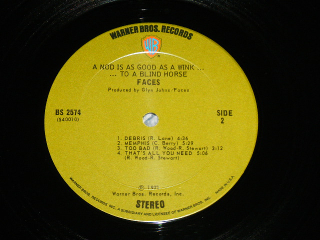 画像: FACES - A NOD IS AS GOOD AS WINK ...TO A BLIND HORSE (Matrix # A) BS 2574 A  40009-1 /B) BS 2574 B  40010-2 ) (E-/Ex+++ Looks:MINT- ) / 1971 US AMERICA ORIGINAL 1st Press "GREEN with WB Logo on Top" Label  Used LP 