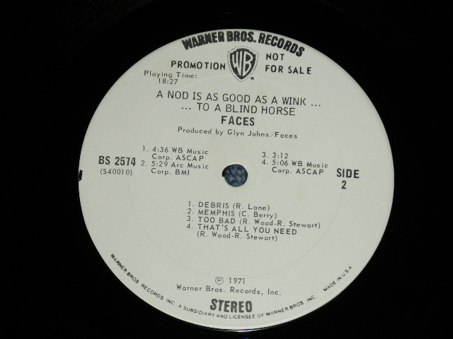 画像: FACES - A NOD IS AS GOOD AS WINK ...TO A BLIND HORSE (Matrix #   A) 39662 WS 1851A-1A /B) 39662 WS 1851B-1E) (Ex+/Ex+++) / 1971 US AMERICA ORIGINAL "WHITE LABEL PROMO" Used LP 