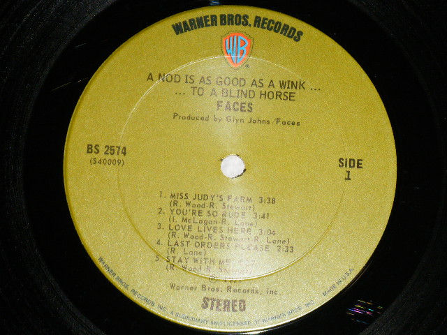 画像: FACES - A NOD IS AS GOOD AS WINK ...TO A BLIND HORSE (Matrix # A) BS 2574 A  40009-1 /B) BS 2574 B  40010-2 ) (E-/Ex+++ Looks:MINT- ) / 1971 US AMERICA ORIGINAL 1st Press "GREEN with WB Logo on Top" Label  Used LP 