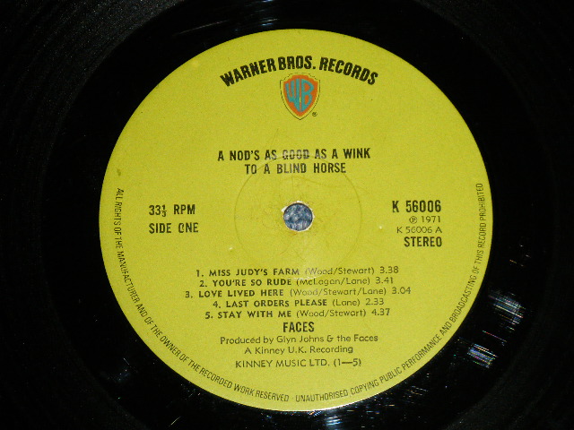 画像: FACES - A NOD IS AS GOOD AS WINK ...TO A BLIND HORSE ( Matrix # A1/B1 )  (Ex++/MINT- B-3:Ex++) / 1971 UK ENGLAND ORIGINAL1st Press "GREEN with WB Logo on Top" Label  Used LP 