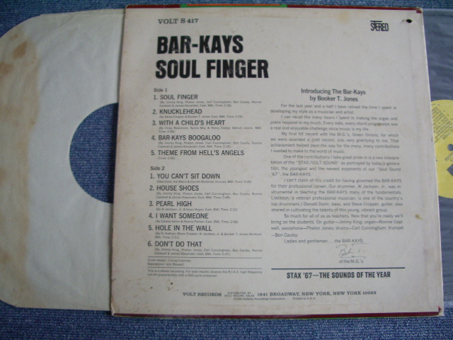 画像: THE BAR-KAYS - SOUL FINGER / 1967 US AMERICA ORIGINAL STEREO   Used LP