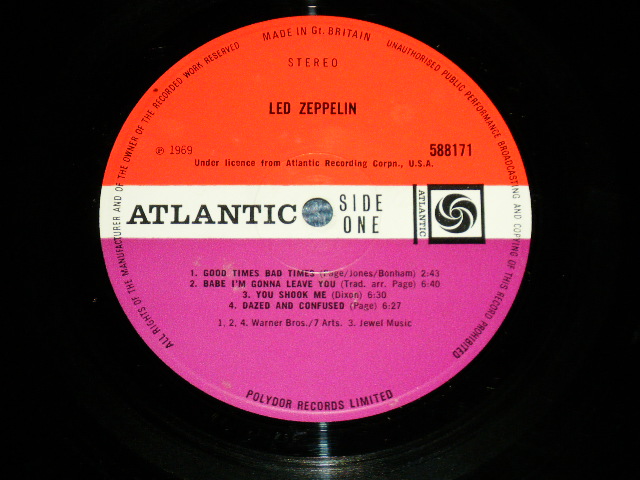 画像: LED ZEPPELIN - LED ZEPPELIN I ( 2nd Press ORANGE  Text Front Cover)( Matrix Number A) 588171 A//1 : B) 588171 B//1 ) ( Ex+++/Ex+++ B-1:Ex++)  / 1969 UK ENGLAND ORIGINAL 2nd Press "ORANGE Text on Front Cover Top" "RED & PLUM  Label" Used LP 