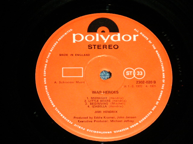 画像: JIMI HENDRIX - WAR HEROES (Matrix #   A) A//1 / B) B//1 ) (Ex+/Ex+++ ) / 1972 UK ENGLAND ORIGINAL Used LP