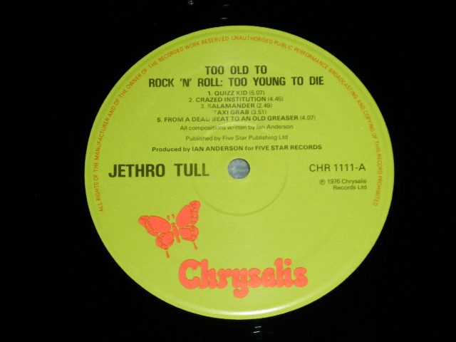 画像: JETHRO TULL - TOO OLD TO ROCK 'N' ROLL (   Matrix #  A) A 1 /B) B 1 )  ( Ex+,Ex++,Ex++/,MINT- )  /  1975 UK ENGLAND ORIGINAL "GREEN Label"  Used  LP