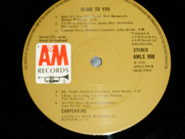 画像: CARPENTERS - CLOSE TO YOU ( Matrix A-2/B-1) (Ex+++/MINT-) /  1970 UK ENGLAND ORIGINAL "BROWN LABEL" Used  LP 