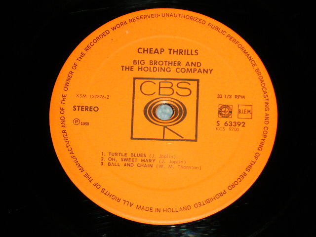 画像: BIG BROTHER & THE HOLDING COMPANY ( With JANIS JOPLIN ) - CHEAP THRILLS ( Ex+/Ex+ )  / 1968  HOLLAND ORIGINAL "1st Press Label"  Used LP 