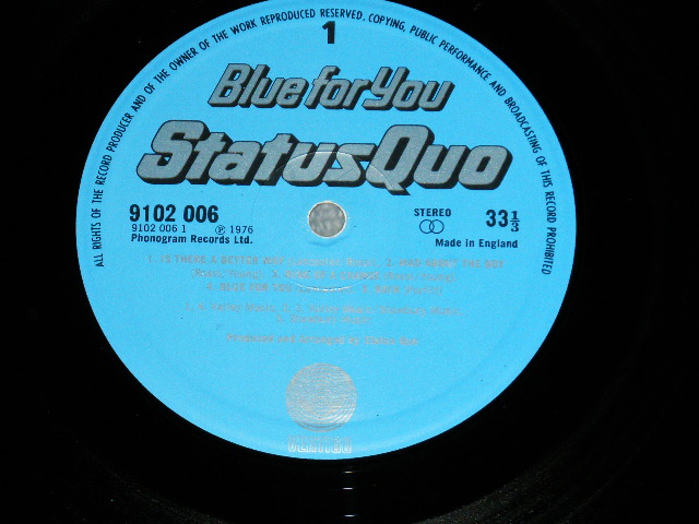 画像: STATUS QUO - BLUE FOR YOU (Matrix #  A) 1//1/B) 2//1 )  ( Ex++/MINT- ) / 1976 UK ENGLAND ORIGINAL Used LP 