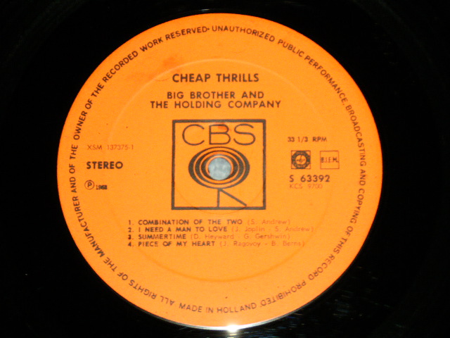 画像: BIG BROTHER & THE HOLDING COMPANY ( With JANIS JOPLIN ) - CHEAP THRILLS ( Ex+/Ex+ )  / 1968  HOLLAND ORIGINAL "1st Press Label"  Used LP 