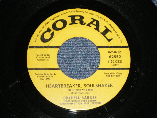 画像1: ORTHEIA BARNES - A) HEARTBREAKER, SOULSHAKER  B) TAKE MY HEART AND SOUL (NORTHERN SOUL BALLAD / DANCEABLE MID-UP TEMPO) (Ex++/Ex++) / 1968 US AMERICA ORIGINAL "YELLOW LABEL PROMO" Used 7"45 