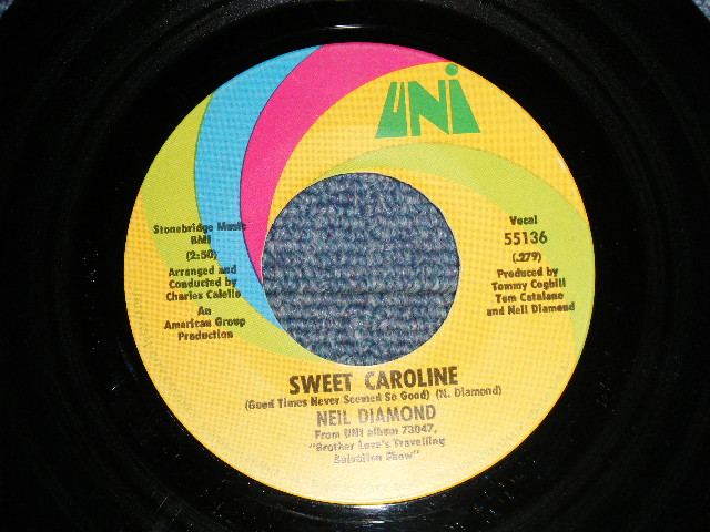 画像1: NEIL DIAMOND - A) SWEET CAROLINE  B) DIG IN  (Ex++/Ex++) / 1969 US AMERICA ORIGINAL Used 7" 45rpm Single