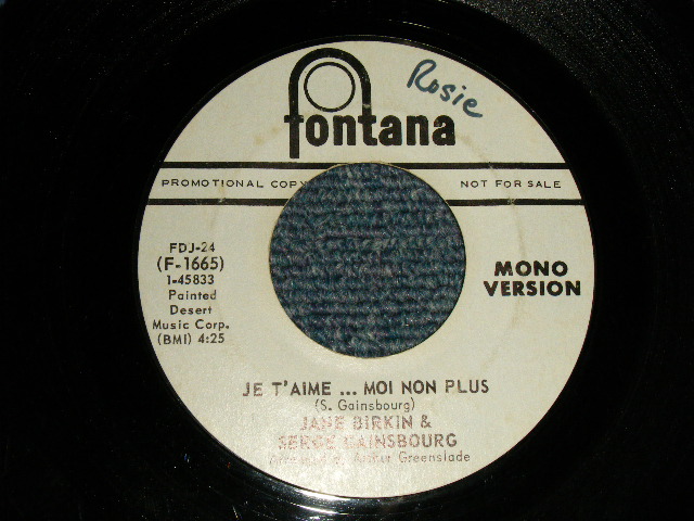 画像1: JANE BIRKIN & SERGE GAINSBOURG -  JE T'AIME...MOI NON PLUS  A)MONO B)STEREO (Ex+++Ex+++ WOL) / 1969 US AMERICA ORIGINAL "WHITE LABEL PROMO" "PROMO ONLY MONO-STEREO" Used 7" Single
