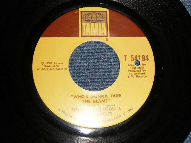 画像1: SMOKEY ROBINSON - A)WHO'S GONNA TAKE THE BLAME  B)I GOTTA THING FRO YOU  (Ex++/Ex++ BB) / 1970 US AMERICA ORIGINAL Used 7"45 