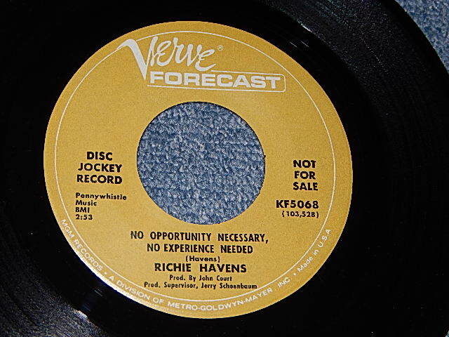 画像1: RICHIE HAVENS - A) No Opportunity Necessary, No Experience Needed    B) Three Day Eternity  (A:Ex+++/B:Ex+++) / 1967 US AMERICA  ORIGINAL "PROMO" Used 7" Single 