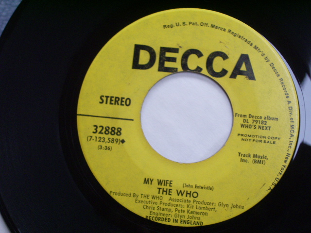 画像: THE WHO - A) BEHIND BLUE EYES  B) MY WIFE (Ex++/Ex++ WOL, TEAROL) / 1971 US AMERICA ORIGINAL "YELLOW LABEL PROMO" Used 7" SINGLE