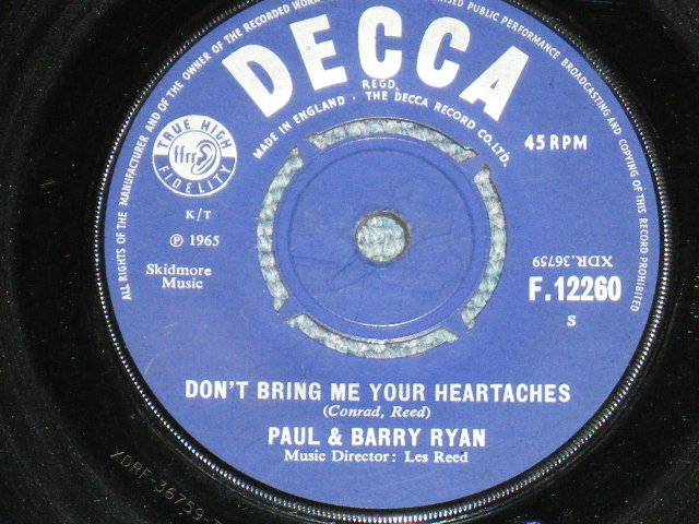 画像: PAUL & BARRY RYAN - DON'T BRING ME YOUR HEARTACHES / 1965 UK ORIGINAL 7"Single 