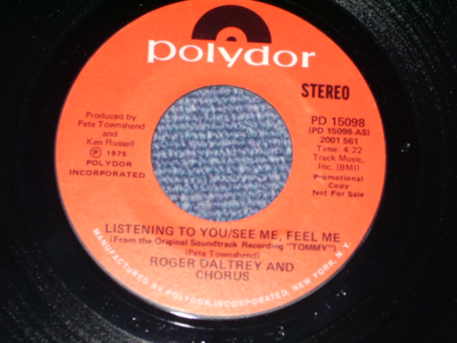 画像: ROGER DALTREY of THE WHO - LISTEN TO YOU /SEE ME FEEL ME * from THE MOVIE ) / 1975 US ORIGINAL PROMO ONLY 7"SINGLE With PICTURE SLEEVE