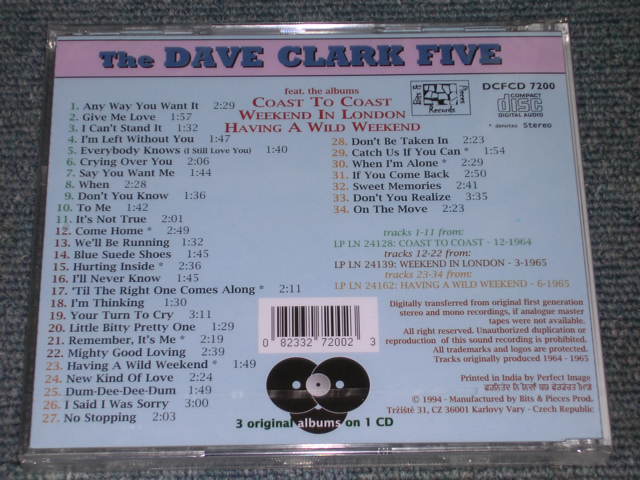 画像: DAVE CLARK FIVE, THE - COMPLETE HISTORY VOL.2 :  COAST AND COAST + WEEKEND IN LONDON + HAVING A RWILD WEEKEND  / 1994 CZECH REPUBLIC SEALED CD