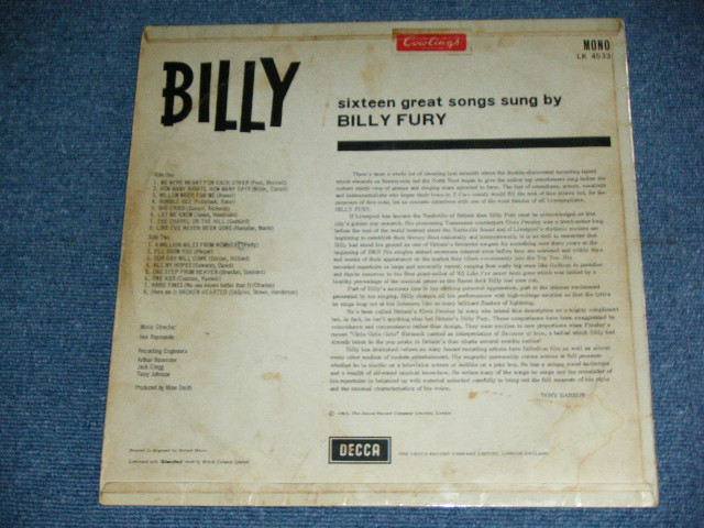 画像: BILLY FURY - BILLY  ( Ex+,Ex/Ex++, 2A/2A ) / 1963 UK ORIGINAL MONO LP 